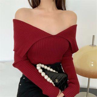 Off-shoulder Ribbed Knit Sweater Wine Red - One Size
