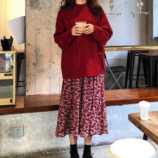 Long-sleeve Cable-knit Sweater / V-neck Floral Dress