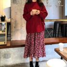 Long-sleeve Cable-knit Sweater / V-neck Floral Dress