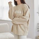 Letter Button-cuff Oversized Pullover Light Beige - One Size