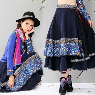 Print Panel Layered A-line Midi Skirt