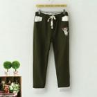 Cat Embroidered Drawstring Waist Pants