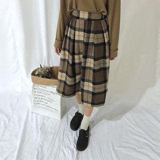 Band-waist Plaid Midi A-line Skirt