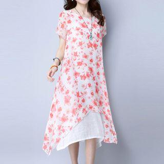 Short-sleeve Mock Two Piece A-line Midi Dress