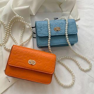 Embossed Flap Faux Pearl Crossbody Bag