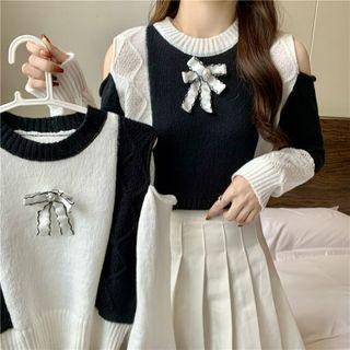 Cold-shoulder Two-tone Bow Accent Sweater