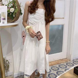 Spaghetti Strap Asymmetric Crinkled A-line Midi Dress