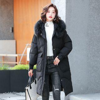 Fluffy Trim Midi Hooded Coat