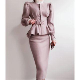 Set: Puff-sleeve Ruffle-hem Jacket With Belt + Flat-front Midi Skirt