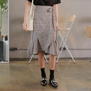 Ruffle-hem Glen-plaid Surplice-wrap Long Skirt