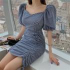 Gingham Puff-sleeve Drawstring Mini Sheath Dress Gingham - Blue - One Size