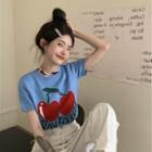 Short-sleeve Cherry Print Knit Top Blue - One Size