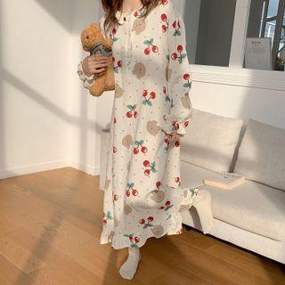 Bell-sleeve Cherry Print Maxi Sleep Dress Almond - One Size