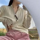 Perforated V-neck Long-sleeve Knit Top / Corduroy Pants