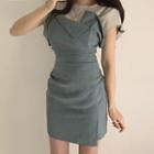 Set: Short-sleeve Sheer Top + Spaghetti-strap Asymmetric Dress Blue - One Size
