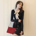 Color-block Long-sleeve Slim-fit Pleated Dress Black - One Size