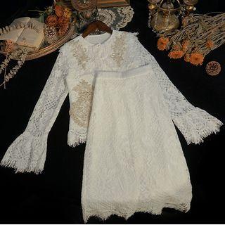Bell-sleeve Lace Blouse / Midi A-line Skirt