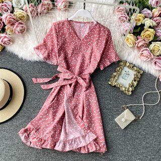 Button-detail V-neck Printed Chiffon Dress