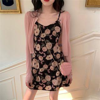 Sleeveless Floral Mini Dress / Light Cardigan