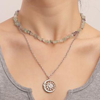 Sun Pendant Alloy Faux Gemstone Layered Choker Silver - One Size