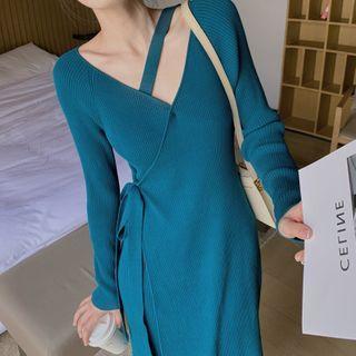 Long-sleeve Tie-strap Midi Sheath Knit Dress