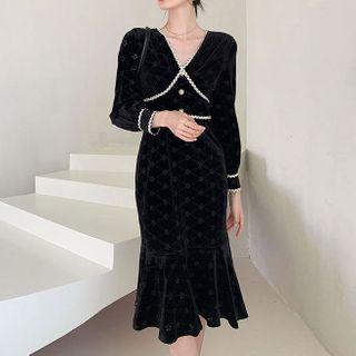 Long-sleeve Floral Velvet Midi Mermaid Dress