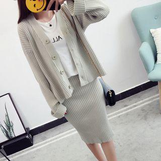 Set: Plain Cardigan + Ribbed Midi Skirt