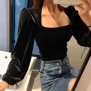 Velvet Puff-sleeve Slim-fit Top Black - One Size