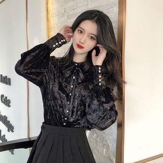 Velvet Puff-sleeve Collared Blouse Black - One Size