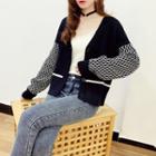 Argyle Panel Rib Knit Cardigan As Shown In Figure - One Size