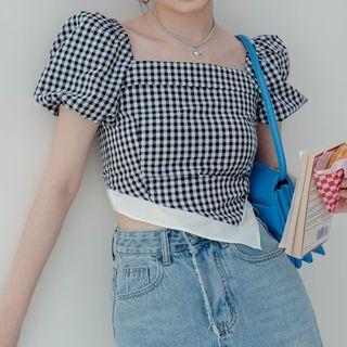 Short-sleeve Irregular Gingham Check Crop Top