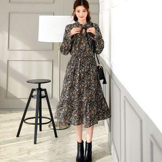 Velvet Tie-neck Floral Midi Dress