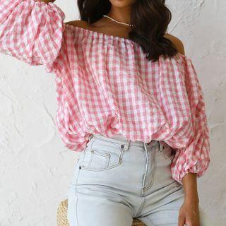 Puff-sleeve Off-shoulder Gingham Top