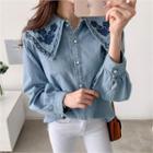Embroidered Puritan-collar Denim Blouse Blue - One Size