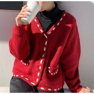 V-neck Knit Cardigan Red Cardigan - One Size