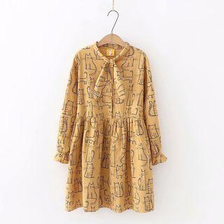 Bow Neck Cat Print Long Sleeve Dress Yellow - One Size