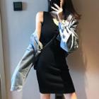 Plain V-neck Slim-cut Mini Dress