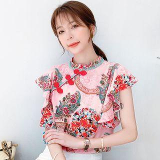 Short-sleeve Ruffled Print Chiffon Blouse