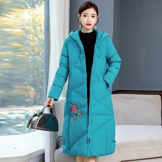 Floral Embroidered Hooded Padded Zip Coat