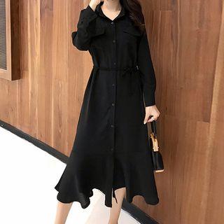 Long-sleeve Ruffled A-line Midi Dress