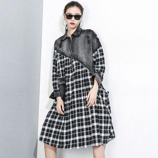 Plaid Half Zip Long-sleeve Dress As Shown In Figure - One Size