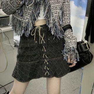 Lace-up Argyle Patterned A-line Denim Skirt