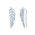 925 Sterling Silver Elegant Leaf Earrings With Blue Austrian Element Crystal Silver - One Size