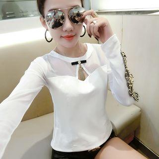 Long-sleeve Faux Leather Panel Mesh Top