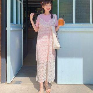 Short-sleeve T-shirt / Spaghetti Strap Lace Midi Dress