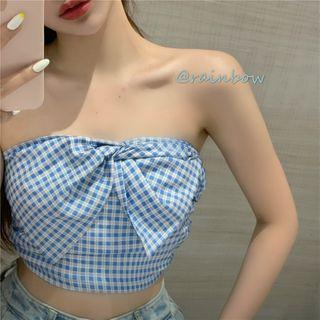 Bow Plaid Tube Top Blue - One Size