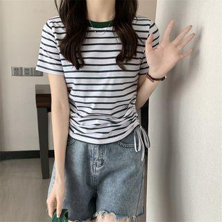 Drawstring Striped Cropped T-shirt