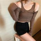 Set: Crop Tank Top + Long-sleeve Off-shoulder Cropped T-shirt Coffee - One Size