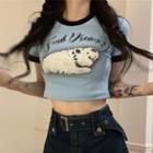 Short-sleeve Cat Print Cropped T-shirt Blue - One Size