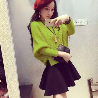 Set: Crew-neck Sweater + High Waist A-line Skirt